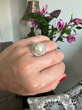 Natural South Sea Pearl & Diamond Halo Solitaire Ring 14k White Gold 14mm 0.95ct